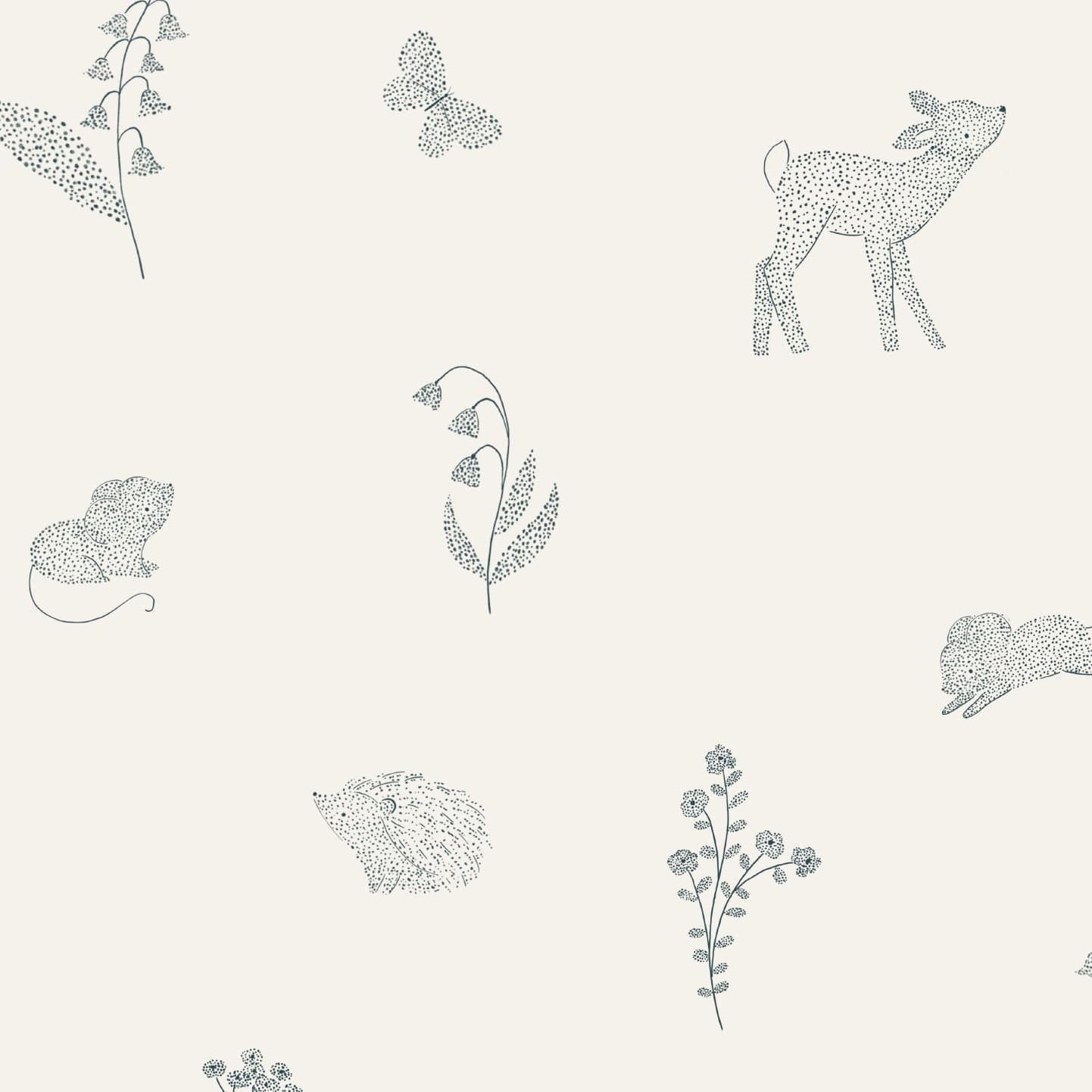 Off white wallpaper with flowers and woodland animals drawn with tiny dots in black. Ideal nursery wallpaper. Features hedgehogs, butterflies, mice, deer and more woodland creatures and plants.