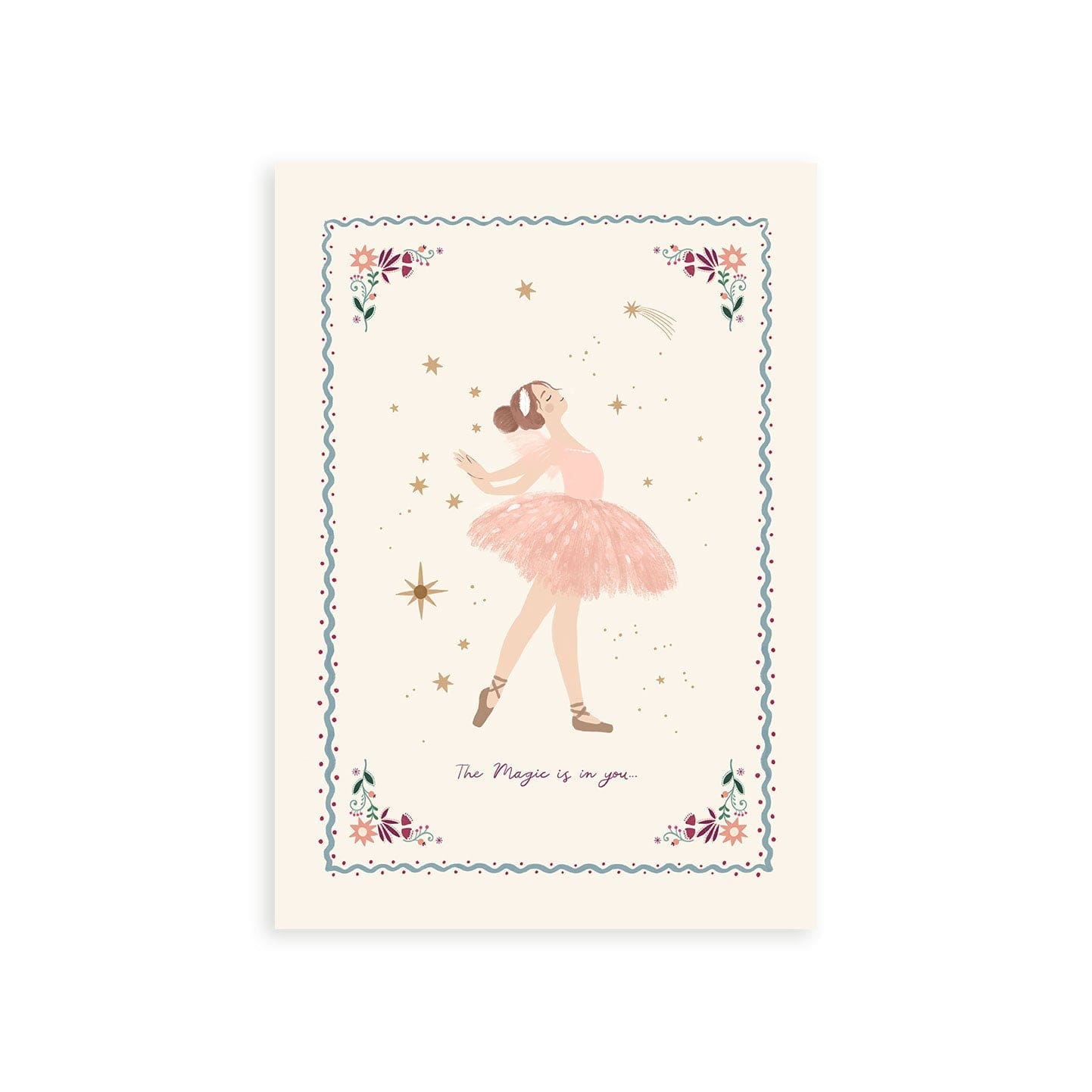 Picture of an art print showing a ballerina called Alicia in a graceful pose on an off white background surrounded by gold stars with the magic is in you written underneath her. surounded by a thin blue wavy border with red dots either side and flowers and foliage delicately sitting in each corner