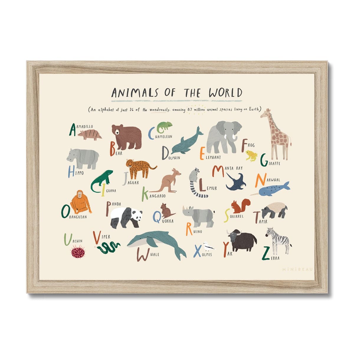 Art Print A4 (8x12") / Natural Frame Animals Of The World Alphabet Art Print