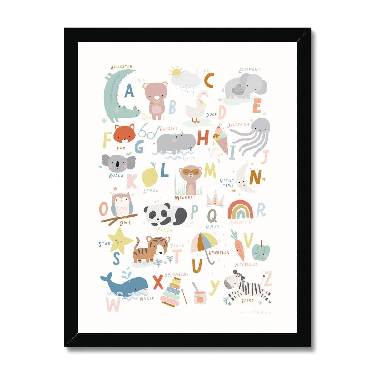 Art Print 15x20cm (6x8") / Black Frame Cute Animals Alphabet Art Print