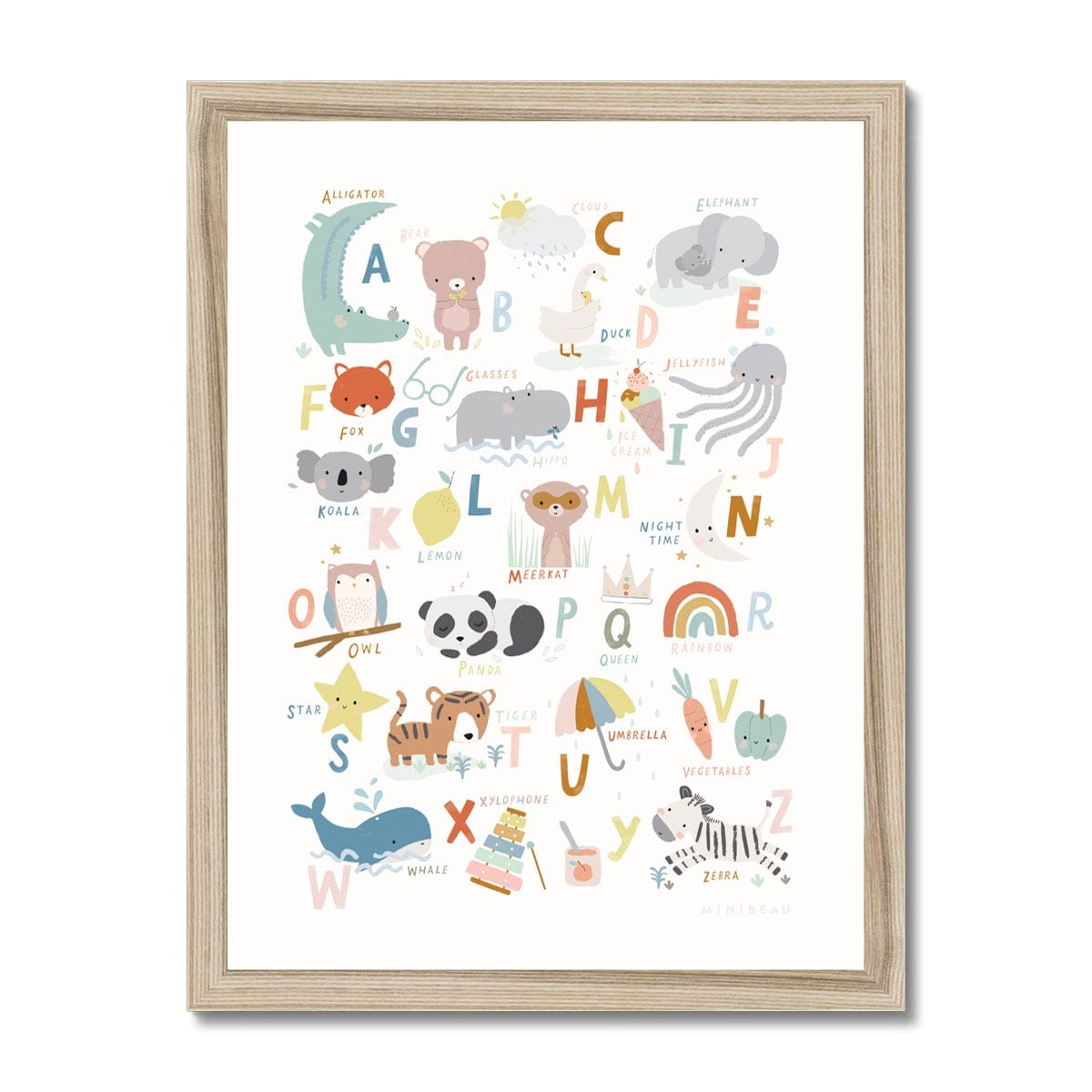 Art Print 15x20cm (6x8") / Natural Frame Cute Animals Alphabet Art Print