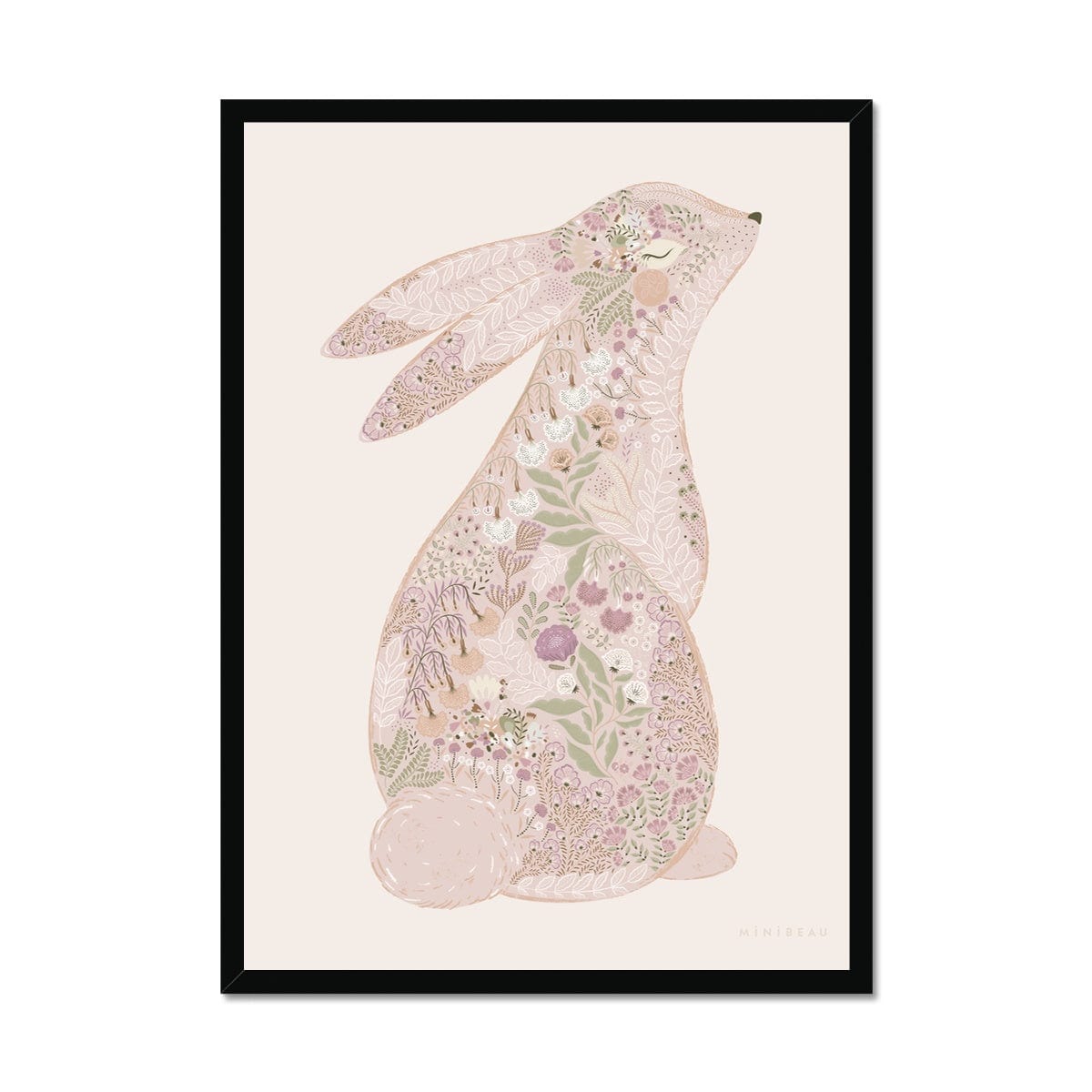Art Print 70x100cm (28x40") / Black Frame Floral Bunny Nursery Art Print - Personalisable