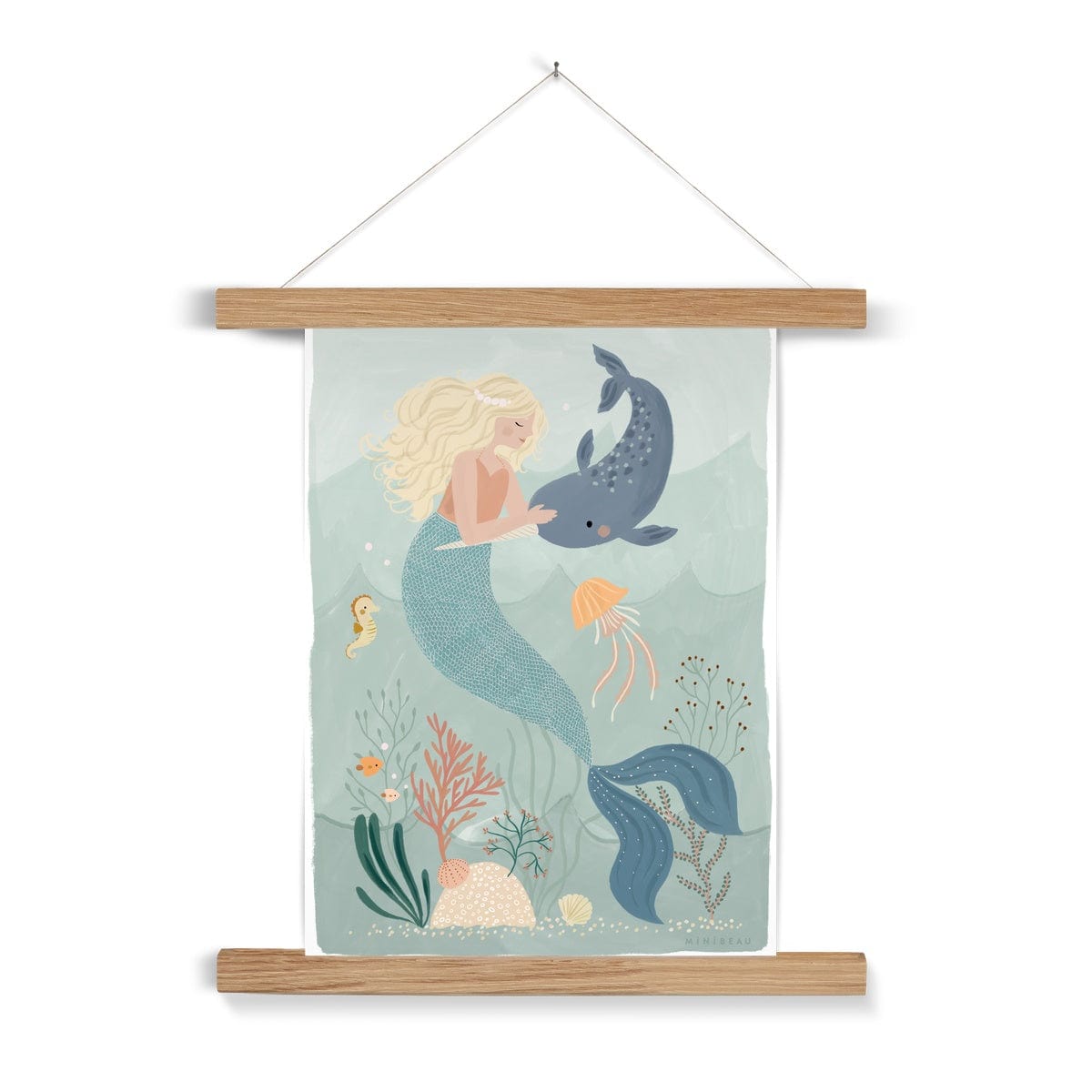 Fine art 6"x8" / Coral / Natural Hanger Mermaid and the Narwhal Art Print