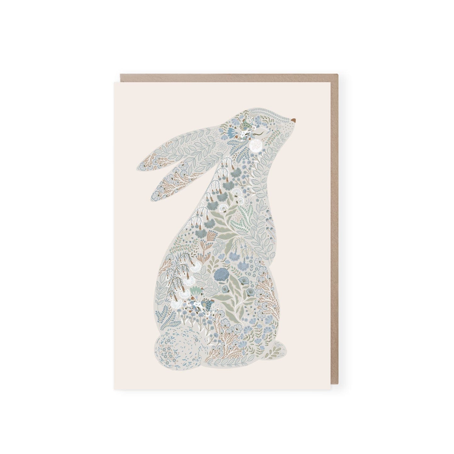 Greeting Card Floral Bunny Greeting Card - Blue a standing bunny on an off white background filled with blue and green floral details perfect for new baby comes with a brown kraft envelope