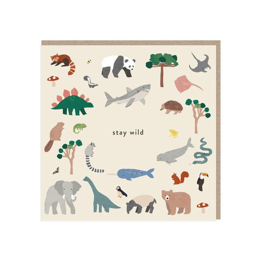 Square greetings card. Off white background stay wild in the middle with animals and trees from our papercut animal wallpaper. Elephant, red panda shark, snake, beaver, stegosaurus and more. Comes with a brown kraft envelope