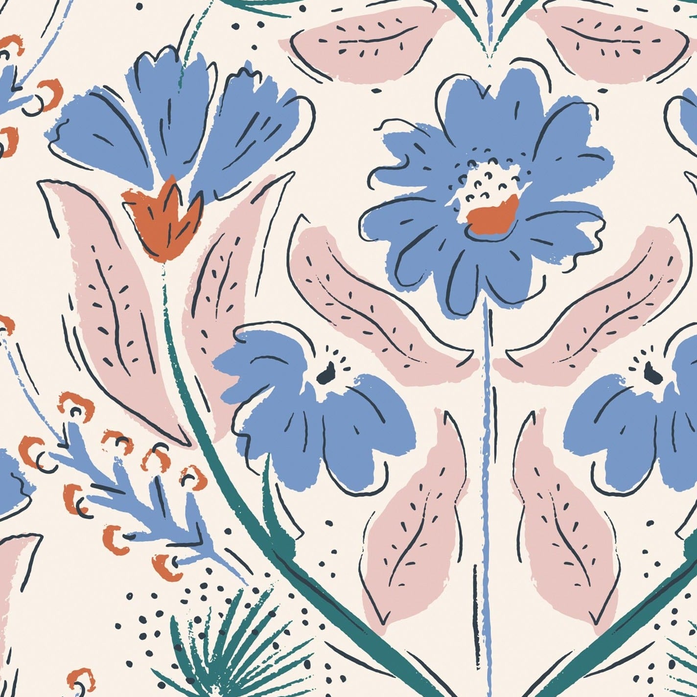 Wallpaper Autumn Floral Wallpaper - pale pink background with Blue flowers with burnt orange centres/bases, and pink and green foliage.