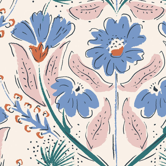 Wallpaper Autumn Floral Wallpaper - pale pink background with Blue flowers with burnt orange centres/bases, and pink and green foliage.