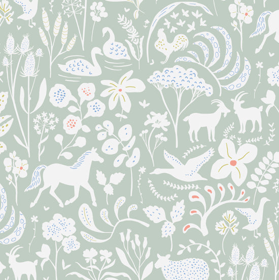Sage wallpaper featuring white flowers and animals with blue and pink dot detail. Horses, sheep, ducks, swans.