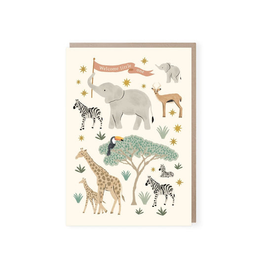 An off white card with n elephant holding a long pink/brown flag with white writing saying "welcome little one" at the top of the card with animals from our pretty Serengeti collection around them with trees, gold stars and foliage. Featuring zebras, antelope, giraffes and elephants. Comes with a brown kraft envelope