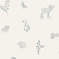 Off white wallpaper with flowers and woodland animals drawn with tiny dots in black. Ideal nursery wallpaper. Features hedgehogs, butterflies, mice, deer and more woodland creatures and plants.