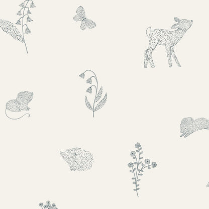 Off white wallpaper with flowers and woodland animals drawn with tiny dots in black. Ideal nursery wallpaper. Features hedgehogs, butterflies, mice, deer and more woodland creatures and plants.