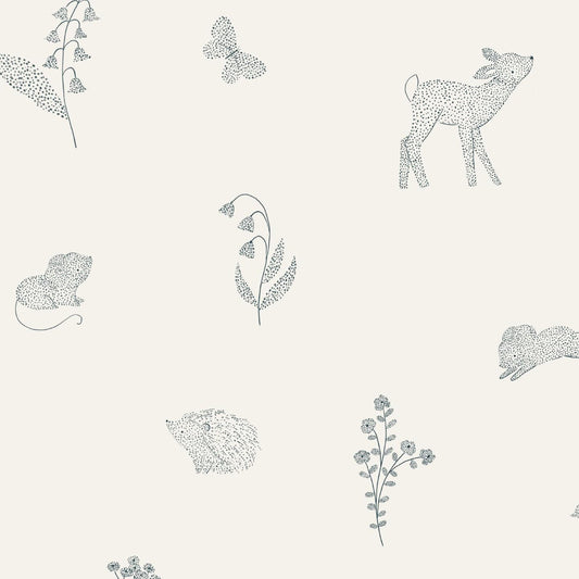 Off white wallpaper with flowers and woodland animals drawn with tiny dots in black. Ideal nursery wallpaper. Features hedgehogs, butterflies, mice, deer and more woodland creatures and plants.