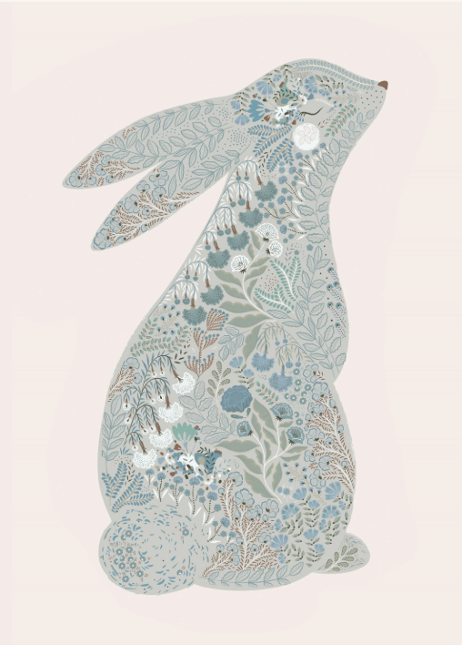 Floral Bunny Greeting Card – A whimsical greeting card showcasing an intricately illustrated hare filled with delicate botanical patterns in soft blue and green tones. A lovely choice for nature lovers and special occasions.