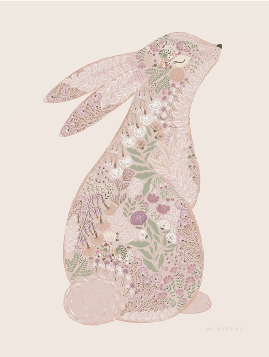 Floral Bunny Greeting Card – A whimsical greeting card showcasing an intricately illustrated hare filled with delicate botanical patterns in soft pink and green tones. A lovely choice for nature lovers and special occasions.