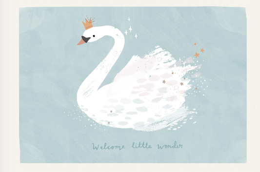 "Welcome Little Wonder" Swan Baby Greeting Card – A dreamy baby card featuring a graceful white swan with a golden crown and delicate star details on a soft blue background. Perfect for newborns and baby showers.