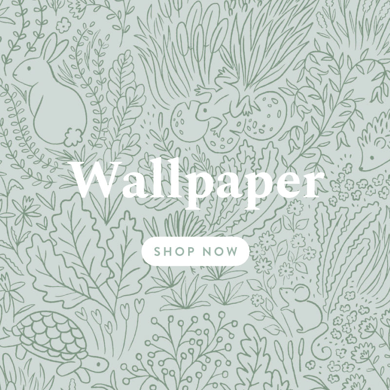 SHOWS A BLOCK OF OUR GARDEN DOODLES WALLPAPER IN SAGE FEATURING A TORTOISE, A MOUSE, A BUNNY A HEDGEHOG AND A FROG AMONGST DOODLED FOLIAGE. OVERLAYED WITH THE WORD WALLPAPER IN WHITE WITH A WHITE SHOP NOW BUTTON