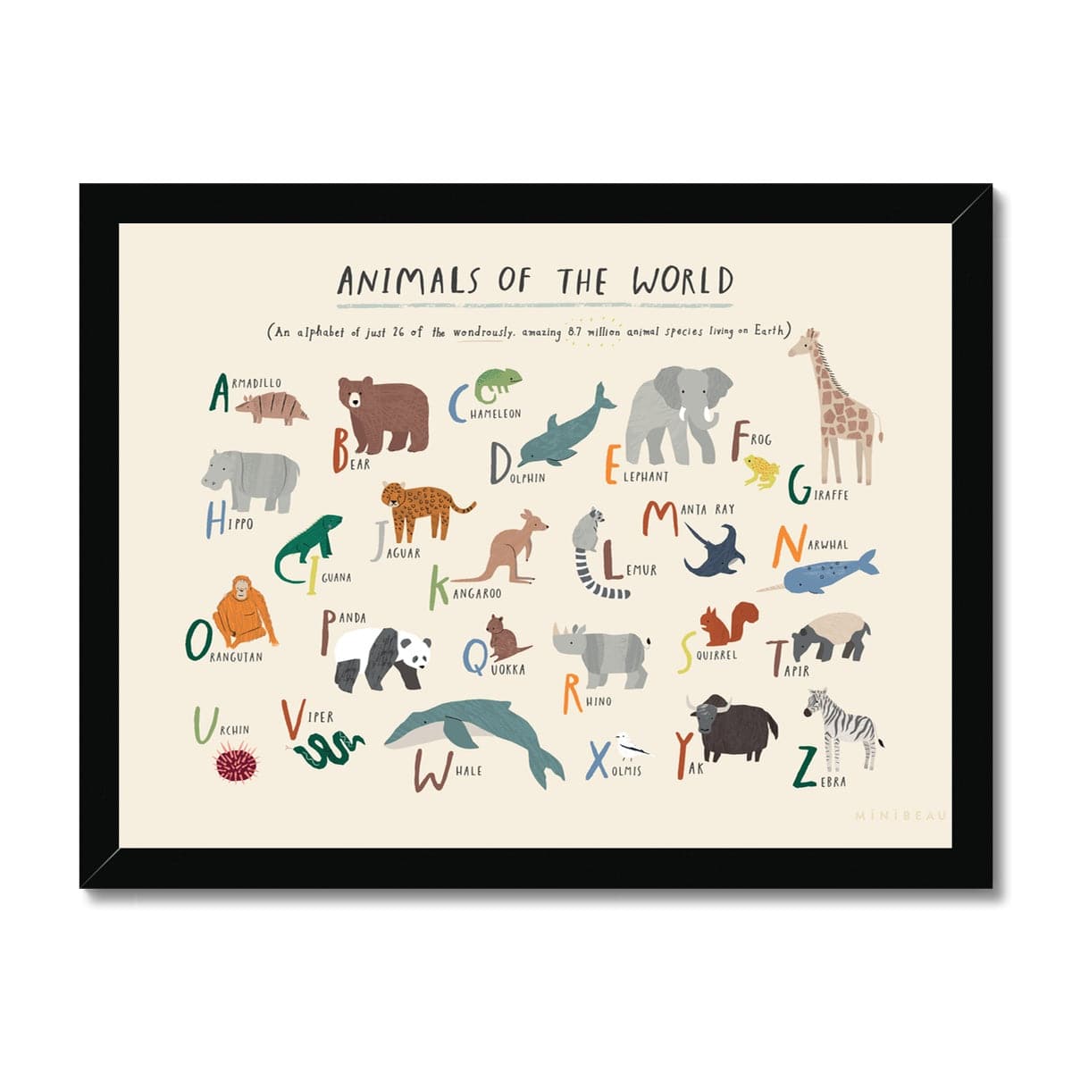 Art print in a black frame. Our animals of the world art print consists of pictures of animals from around the world representing each letter of the alphabet, including a panda, kangaroo, viper and chameleon. Has text at the top saying animals of the world in large font and the text - An alphabet of just 26 of the wondrously, amazing 8.7 million animal species living on earth in brackets as a sub heading.