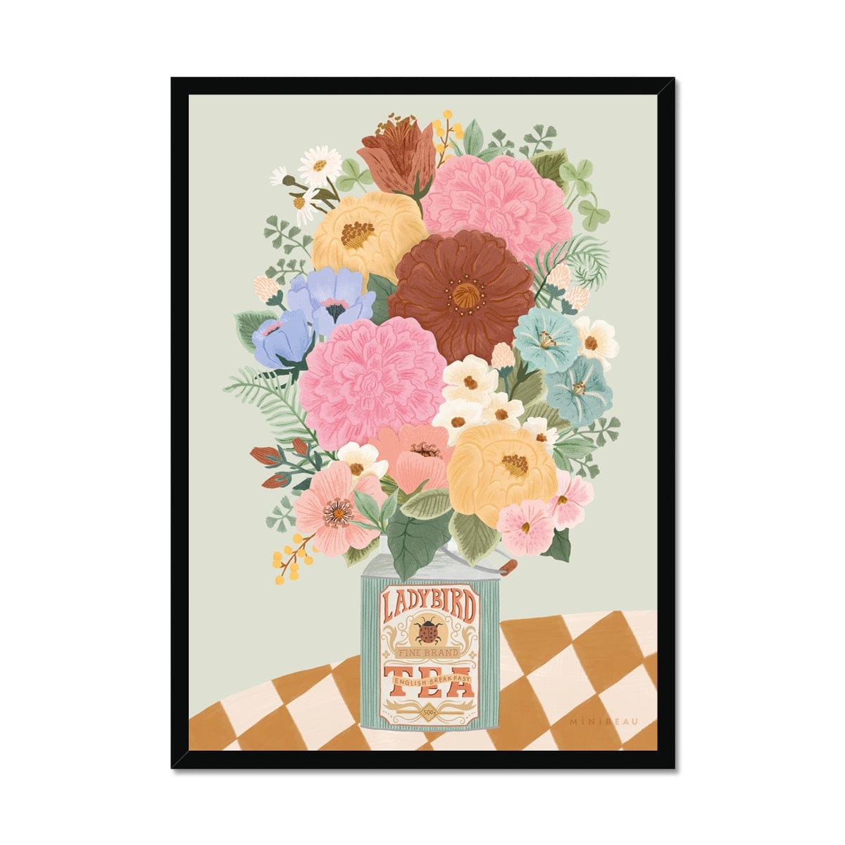Art print in a black frame. Our boho floral art print consists of a bunch of flowers and foliage in a vintage square ladybird tea bottle on a table with a checked tablecloth on a light green background. The flowers are of varying types and come in shades of red, pink, purple, blue, yellow and cream.