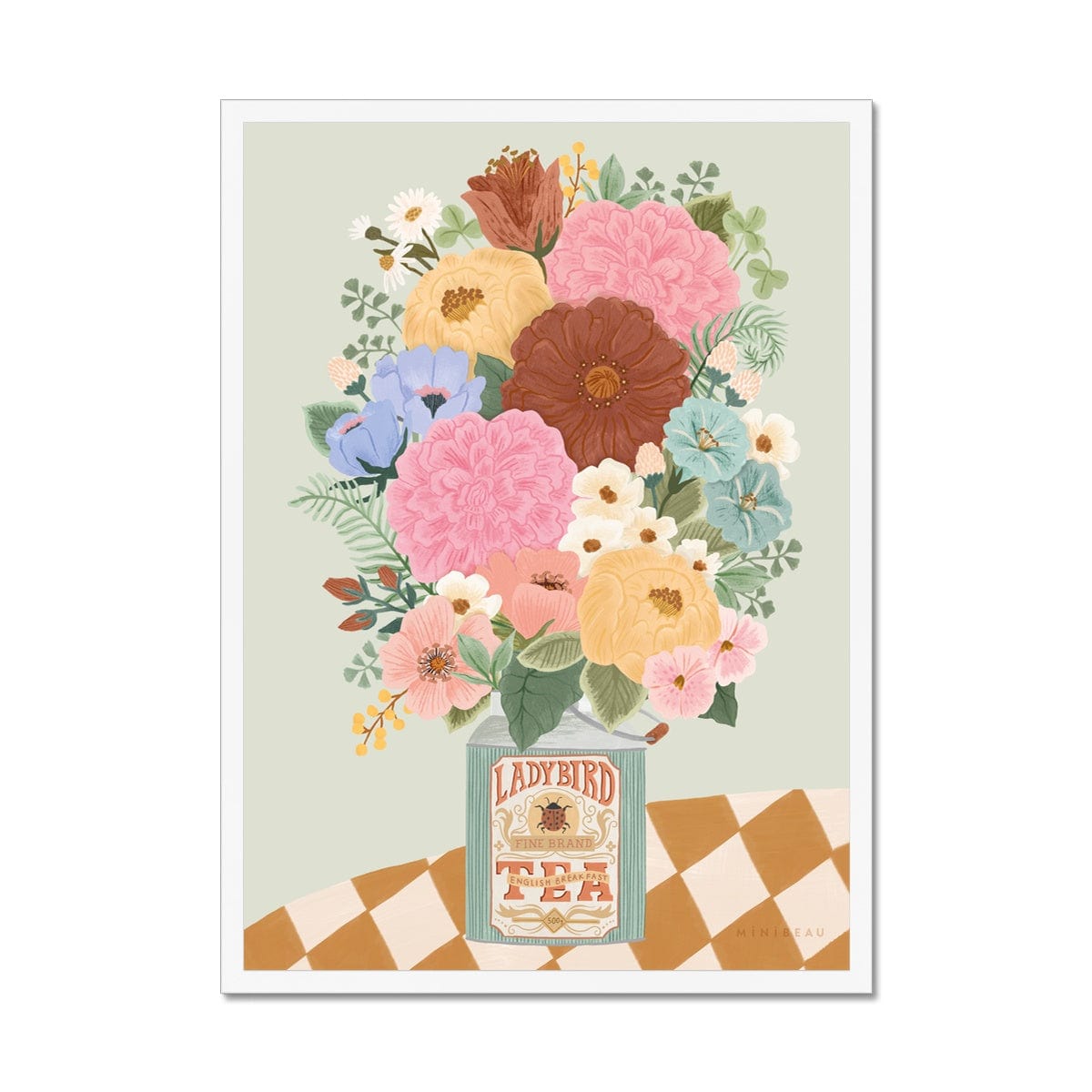 Art print in a white frame. Our boho floral art print consists of a bunch of flowers and foliage in a vintage square ladybird tea bottle on a table with a checked tablecloth on a light green background. The flowers are of varying types and come in shades of red, pink, purple, blue, yellow and cream.