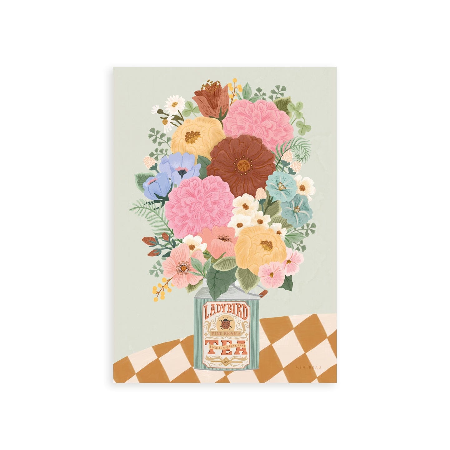 Our boho floral art print consists of a bunch of flowers and foliage in a vintage square ladybird tea bottle on a table with a checked tablecloth on a light green background. The flowers are of varying types and come in shades of red, pink, purple, blue, yellow and cream.