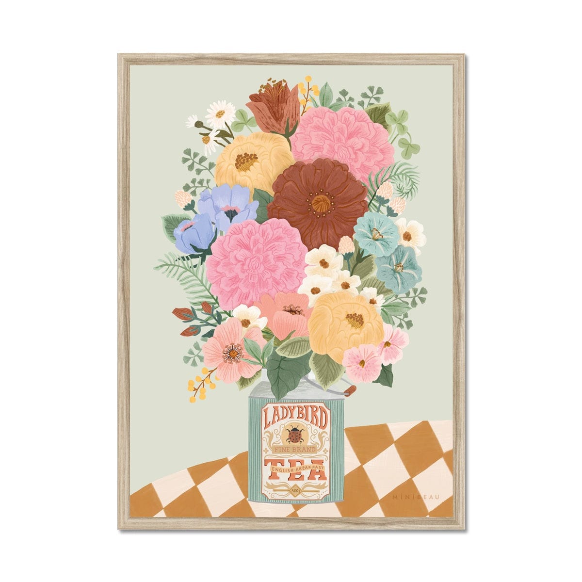 Art print in a natural wood frame. Our boho floral art print consists of a bunch of flowers and foliage in a vintage square ladybird tea bottle on a table with a checked tablecloth on a light green background. The flowers are of varying types and come in shades of red, pink, purple, blue, yellow and cream.