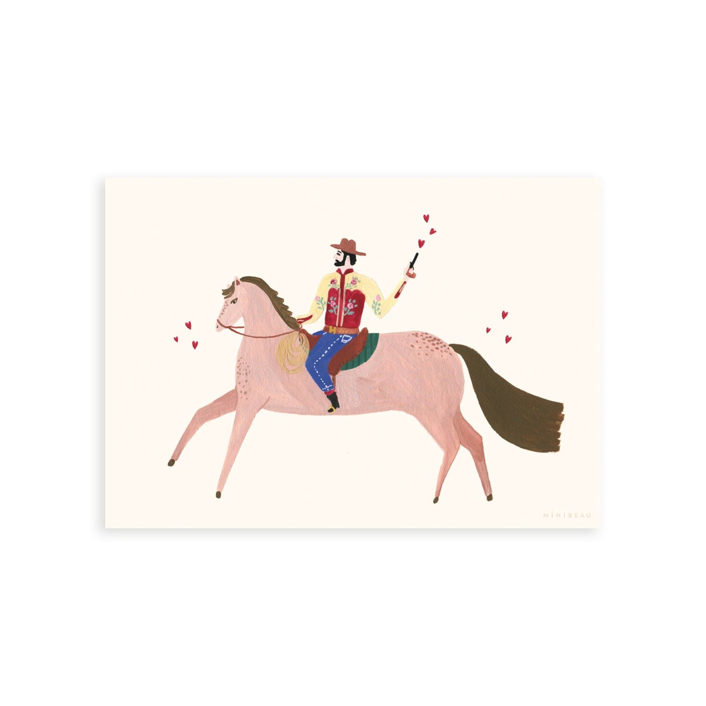 Our cowboy Art print features a cowboy, dressed in a floral shirt, on a brown horse, shooting red hearts from a pistol on a neutral background.
