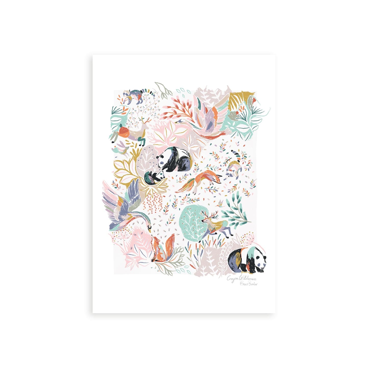 Our Crayon Wilderness Art print is hand-drawn with floral details in greens and pinks, with pop of brighter colours, with animals featuring pandas, swans, foxes, deer and raccoons, creating a whimsical woodland feel.