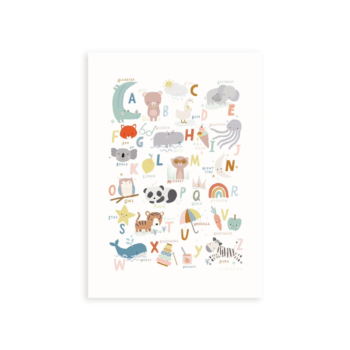 Our Cute animals Alphabet Art print features a variety cute animals and everyday items in soft tones, representing every letter of the alphabet. The print includes everything from a rainbow and elephant to a star and panda, all set against a clean white background.