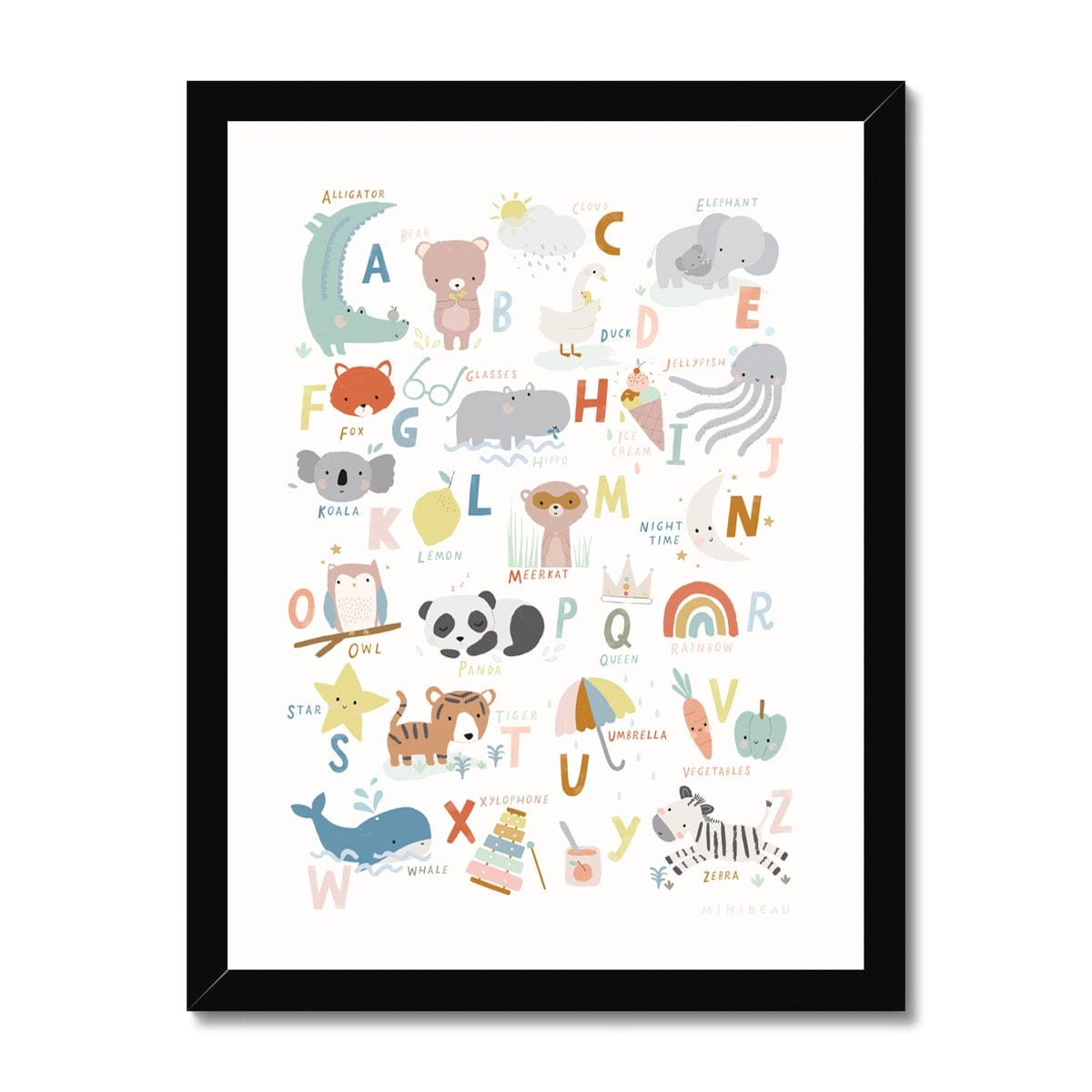 Art print in black frame. Our Cute animals Alphabet Art print features a variety cute animals and everyday items in soft tones, representing every letter of the alphabet. The print includes everything from a rainbow and elephant to a star and panda, all set against a clean white background.