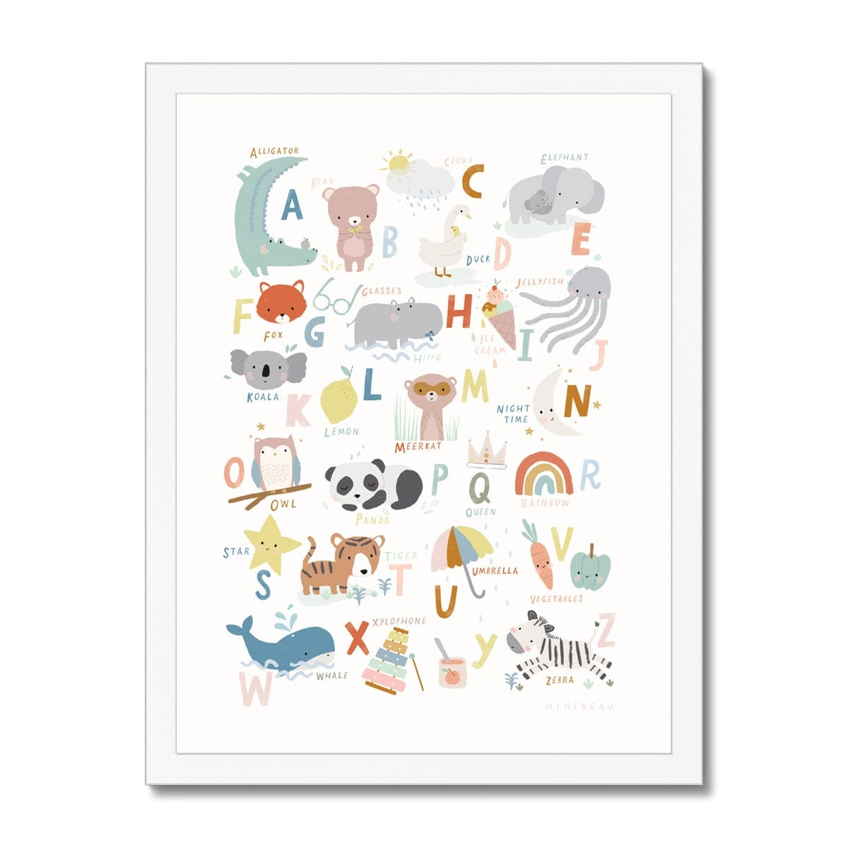 Art print in white frame. Our Cute animals Alphabet Art print features a variety cute animals and everyday items in soft tones, representing every letter of the alphabet. The print includes everything from a rainbow and elephant to a star and panda, all set against a clean white background.