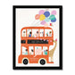Art print in black frame. Our double decker bus art print features a Red double decker party bus called The Party Express with people and animals aboard. There is a dalmation holding a bunch of balloons out of a top window, a zebra wearing a blue party hat sitting upstairs, elephant hanging out of a downstairs window and a giraffe holding bunting on the back of the bus. There is a cat on the lower deck and a man firing confetti over the elephant.