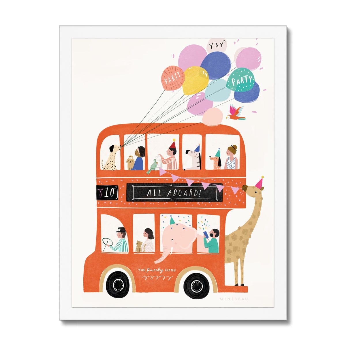 Art print in white frame. Our double decker bus art print features a Red double decker party bus called The Party Express with people and animals aboard. There is a dalmation holding a bunch of balloons out of a top window, a zebra wearing a blue party hat sitting upstairs, elephant hanging out of a downstairs window and a giraffe holding bunting on the back of the bus. There is a cat on the lower deck and a man firing confetti over the elephant.