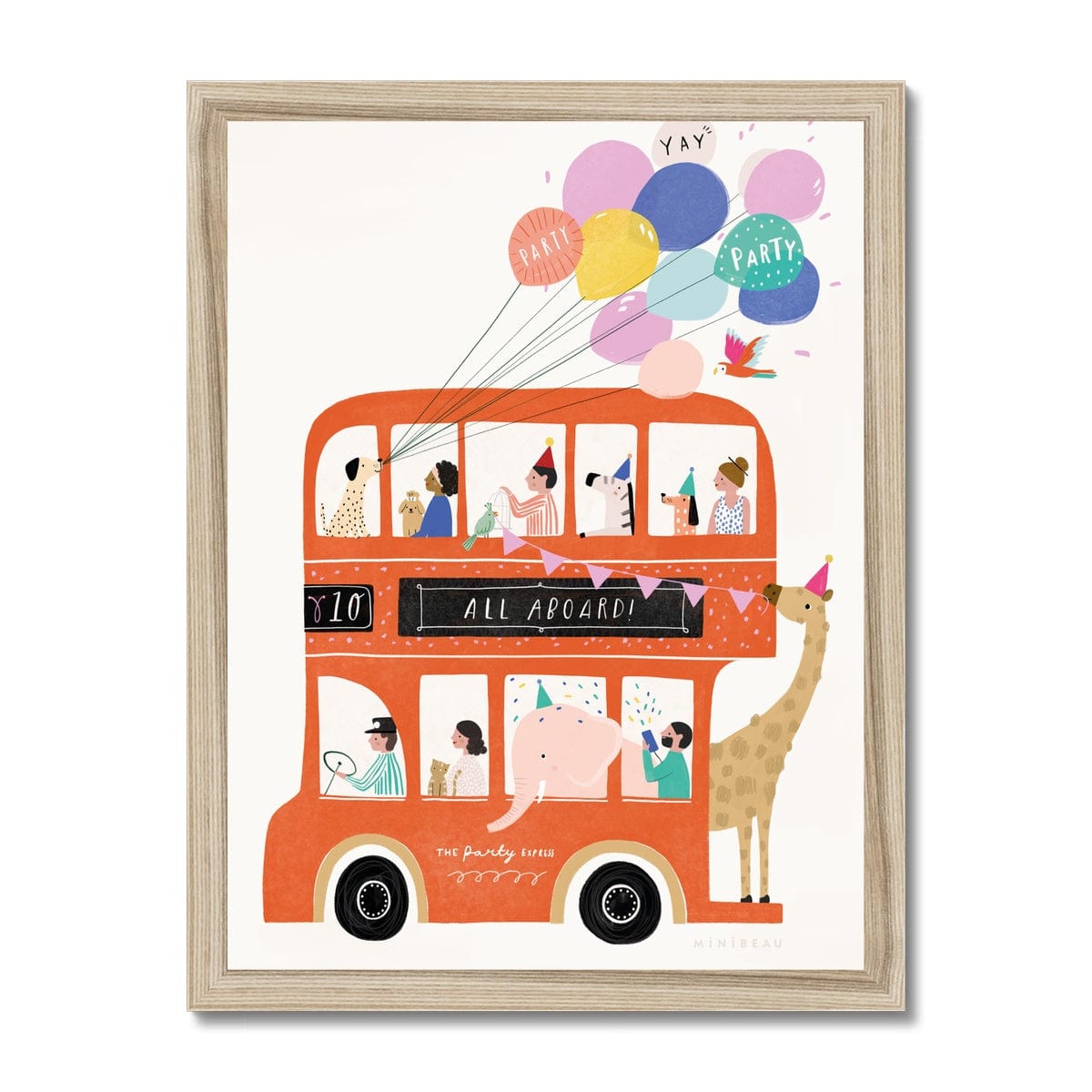 Art print in natural wood frame. Our double decker bus art print features a Red double decker party bus called The Party Express with people and animals aboard. There is a dalmation holding a bunch of balloons out of a top window, a zebra wearing a blue party hat sitting upstairs, elephant hanging out of a downstairs window and a giraffe holding bunting on the back of the bus. There is a cat on the lower deck and a man firing confetti over the elephant.