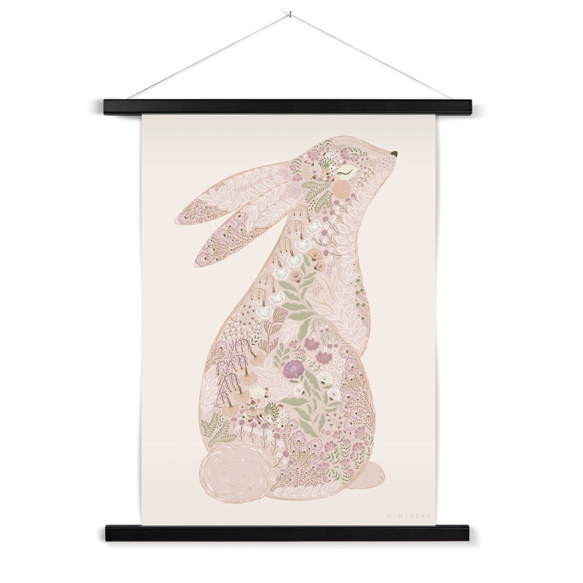 Art Print 70x100cm (28x40") / Black Hanger Floral Bunny Nursery Art Print - Personalisable