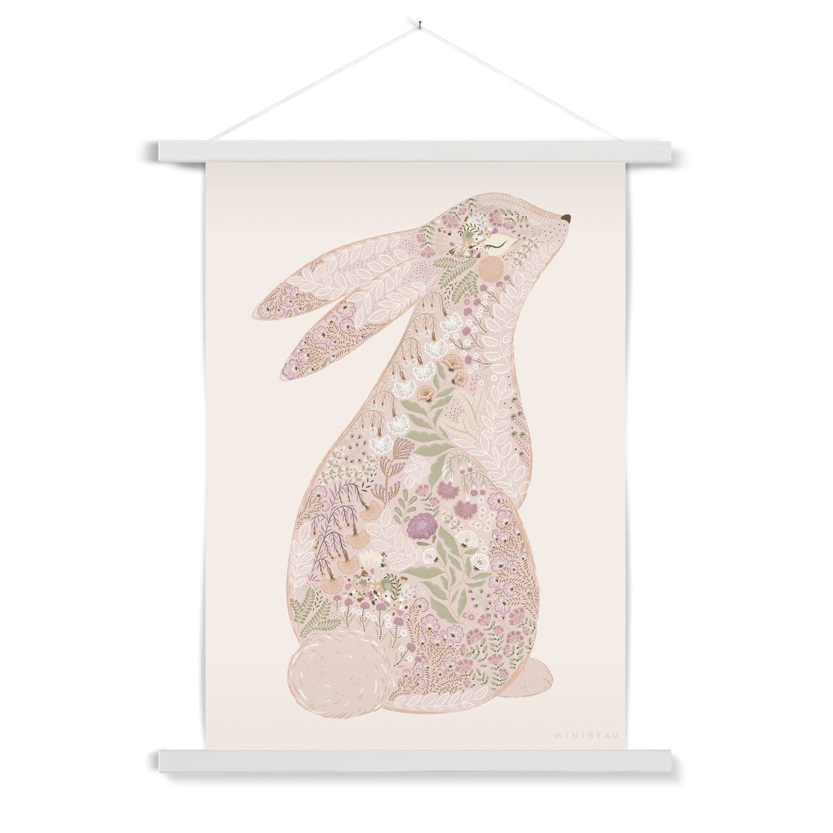 Art Print 70x100cm (28x40") / White Hanger Floral Bunny Nursery Art Print - Personalisable