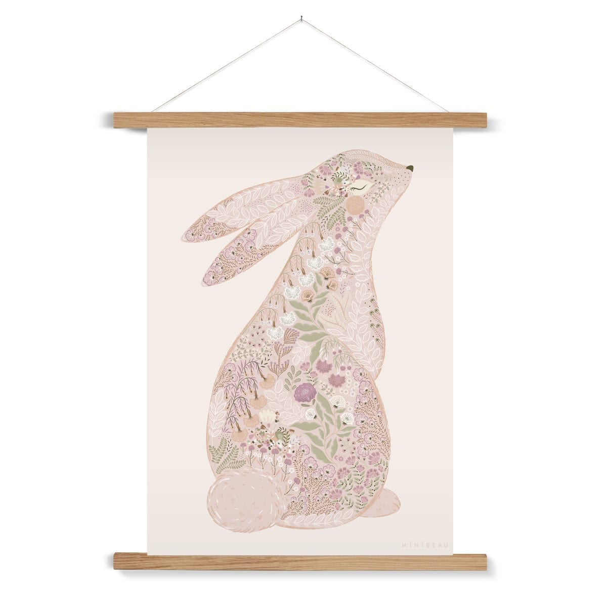 Art Print 70x100cm (28x40") / Natural Hanger Floral Bunny Nursery Art Print - Personalisable