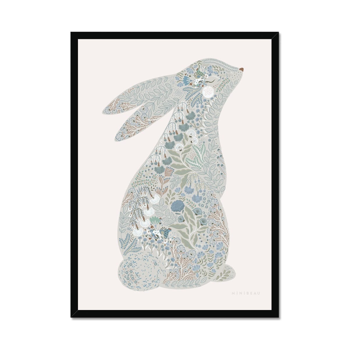 Art Print 15x20cm (6x8") / Black Frame Floral Bunny Nursery Art Print - Personalisable