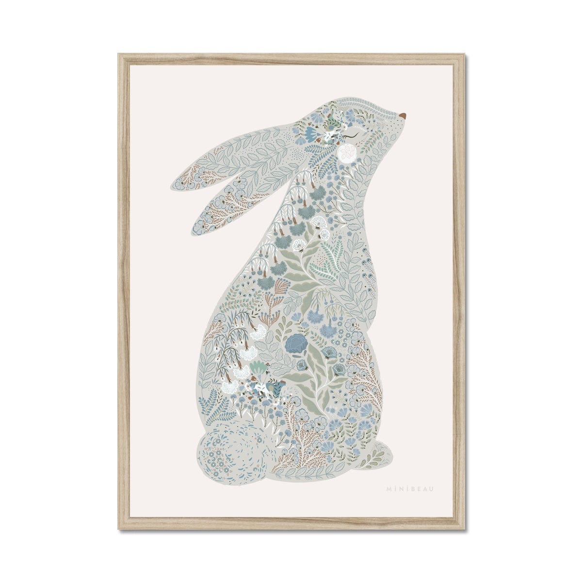 Art Print 15x20cm (6x8") / Natural Frame Floral Bunny Nursery Art Print - Personalisable