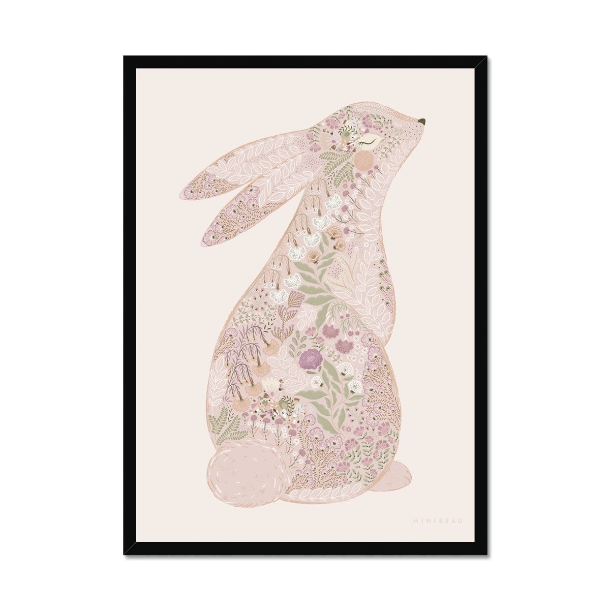 Art Print 70x100cm (28x40") / Black Frame Floral Bunny Nursery Art Print - Personalisable