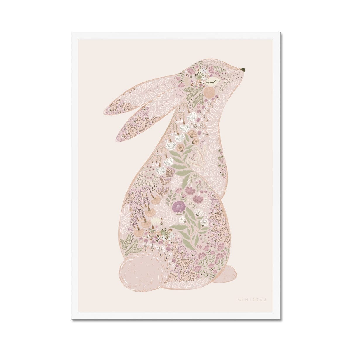 Art Print 70x100cm (28x40") / White Frame Floral Bunny Nursery Art Print - Personalisable