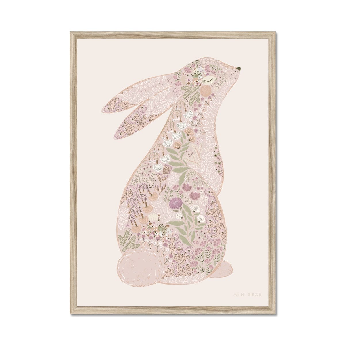 Art Print 70x100cm (28x40") / Natural Frame Floral Bunny Nursery Art Print - Personalisable