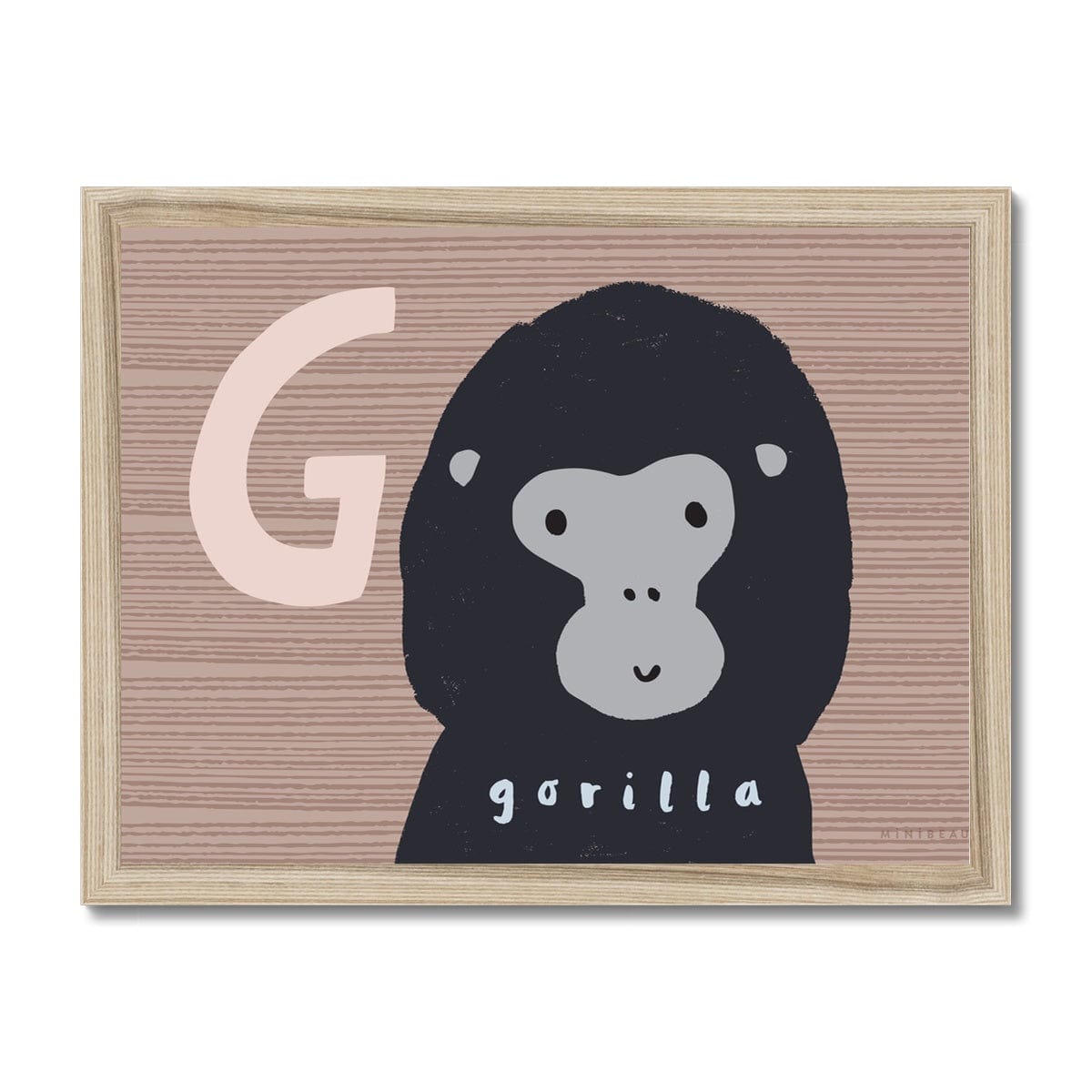 Art print in a natural wood frame. Art print in a light wood frame, leaning against a white wall, standing on parquet flooring. Our G is for Gorilla art print features a smiling cartoon gorilla from the shoulders up, on a brown wood effect background with a large G in a pale brown next to the Gorilla's head.