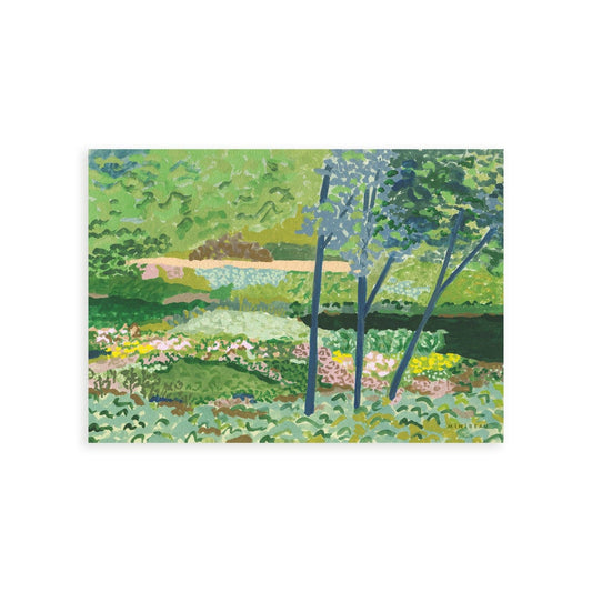 Our Garden art print shows a beautiful painted country scene, a winding green path through floral meadows and woodland with a lake to the side, The print is green with tones of pink and yellow to represent flowers.