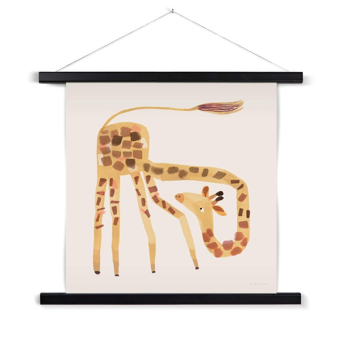 Art print in a black hanger. Our square Giraffe art print shows a cartoon giraffe with it's tail in the air and it's bending neck looking round its shoulders on a neutral background.