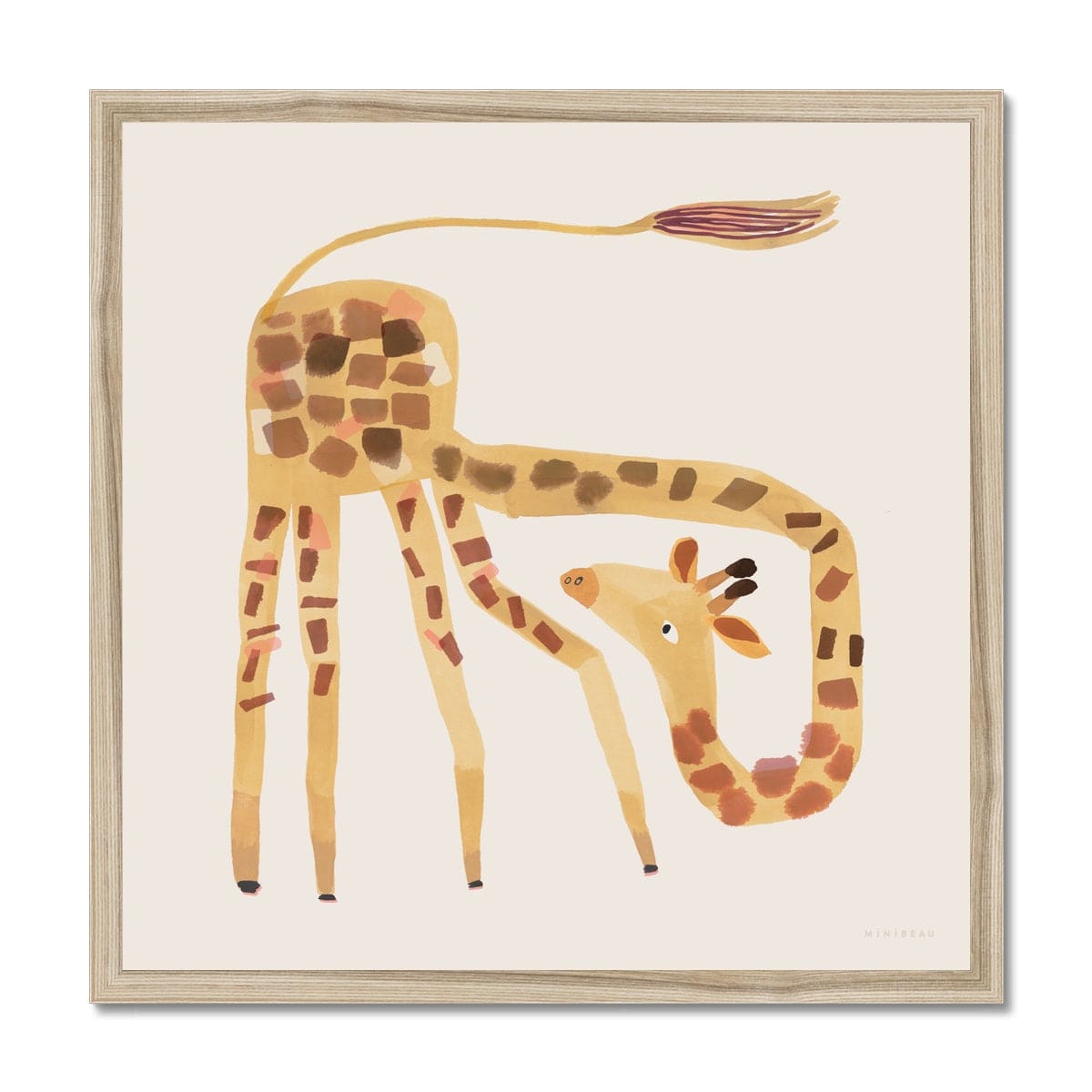 Art print in a natural wood frame. Our square Giraffe art print shows a cartoon giraffe with it's tail in the air and it's bending neck looking round its shoulders on a neutral background.