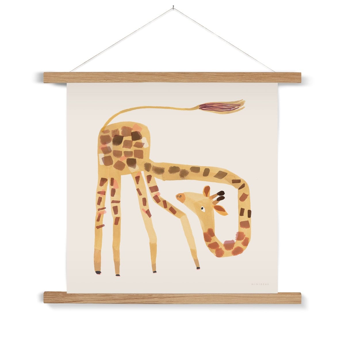 Art print in a natural wood hanger. Our square Giraffe art print shows a cartoon giraffe with it's tail in the air and it's bending neck looking round its shoulders on a neutral background.