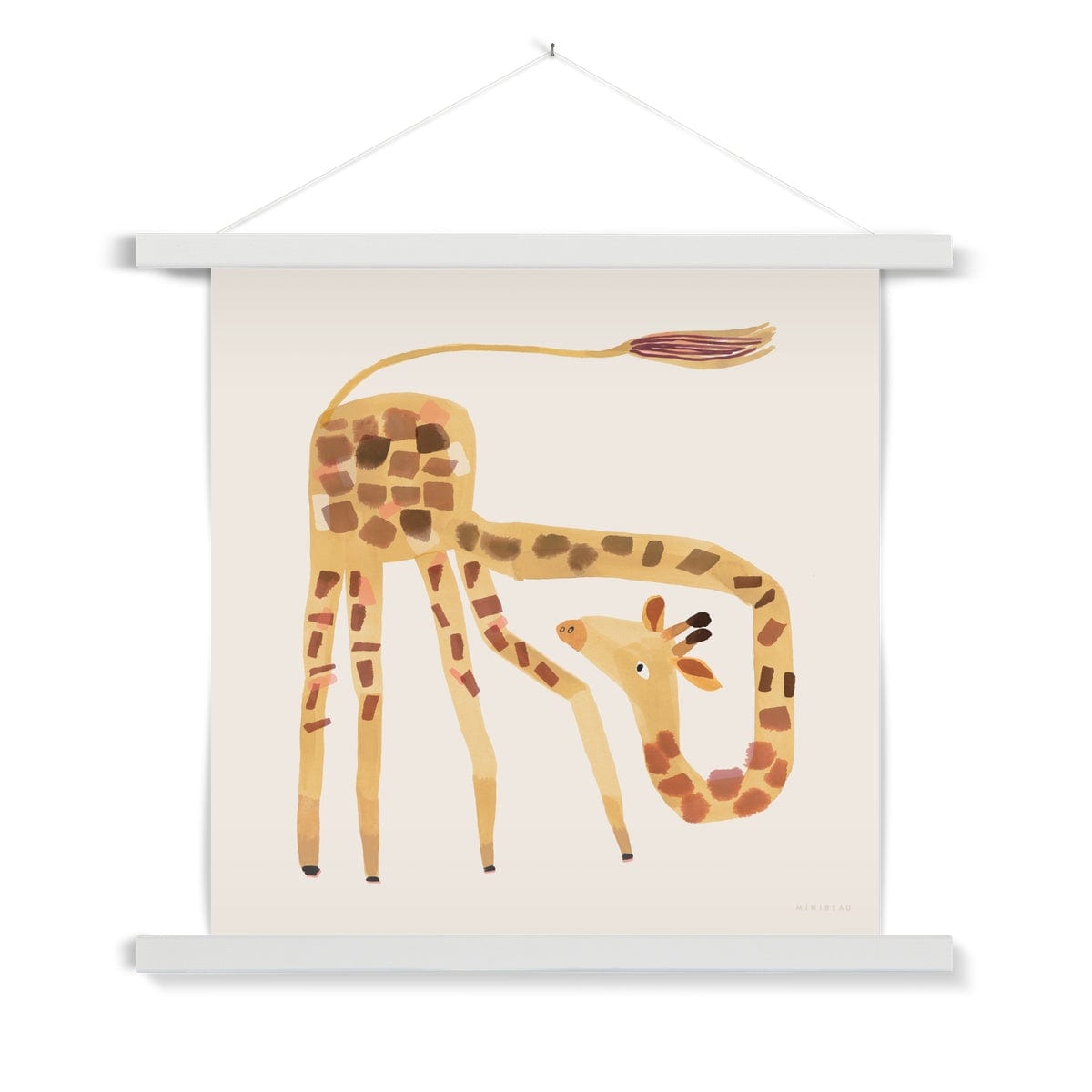 Art print in a white hanger. Our square Giraffe art print shows a cartoon giraffe with it's tail in the air and it's bending neck looking round its shoulders on a neutral background.