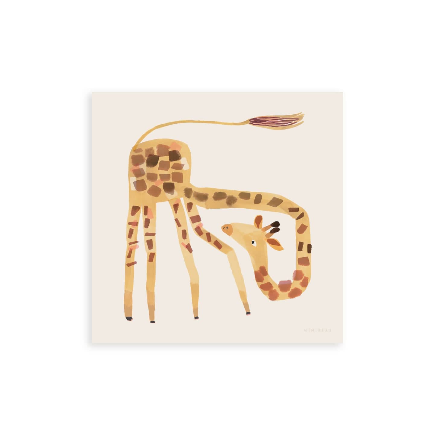 Our square Giraffe art print shows a cartoon giraffe with it's tail in the air and it's bending neck looking round its shoulders on a neutral background.