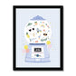 Art print in black frame. Our Good Vibes Gumball Art Print shows a vintage style gumball machine with balloons on either side on a blue background with white line check design. Inside the glass ball of the gumball machine are the words good vibes, sunglasses, roller skates, a cat in sunglasses, ice cream, a rainbow and more.