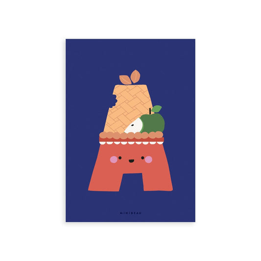Our Happy Alphabet 'A' art print shows a red A with a smiling face in it and a bitten apple in it's straw hat, on a dark blue background.